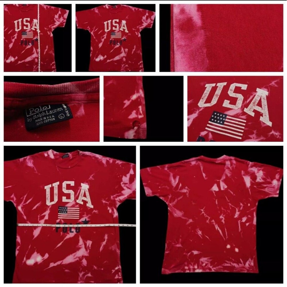 Vintage 90s Polo Ralph Lauren USA T Shirt L Single Stitch Spell out Tie-dye